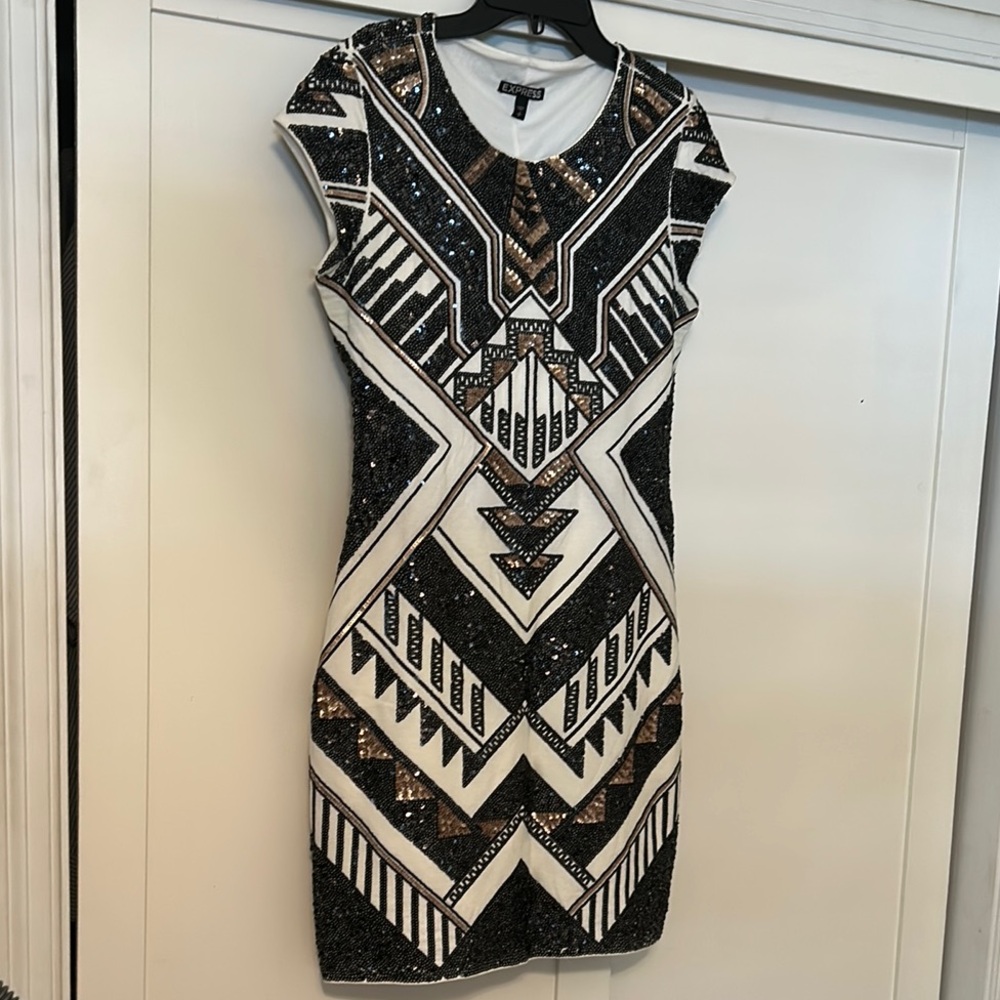 Express Geometric Sequin Mini Dress in Black, White, and Gold